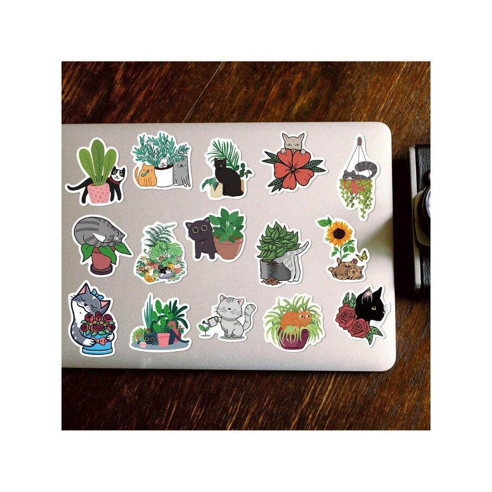 50PCS Cute Cartoon Cat and Plant Doodle Stickers Exquisite, Fashionable, Creative DIY Journal Decorations Suitable for Luggage, Laptops, Skateboards, Guitars, Diaries, Helmets, and Stationery Boxes