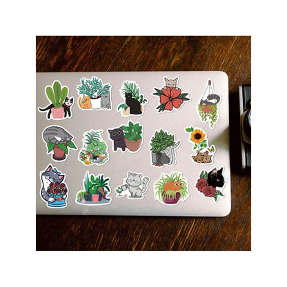 50PCS Cute Cartoon Cat and Plant Doodle Stickers Exquisite, Fashionable, Creative DIY Journal Decorations Suitable for Luggage, Laptops, Skateboards, Guitars, Diaries, Helmets, and Stationery Boxes
