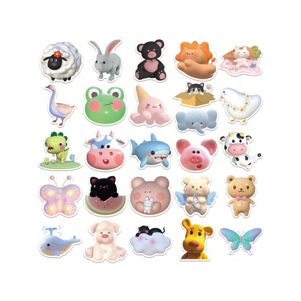 52PCS Adorable Cartoon 3D Animal Doodle Stickers Exquisite, Fashionable, Creative DIY Journal Decorations Perfect for Cups, Helmets, Skateboards, and Stationery Boxes