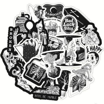 50PCS Cartoon Black & White Gothic Skull Graffiti Stickers Perfect for Suitcases, Skateboards, Water Bottles, Refrigerators, Stationery Boxes Exquisite DIY Desktop Decor Decals