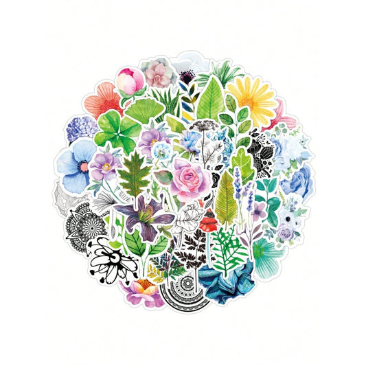 50-Piece Cartoon Fresh & Beautiful Floral Doodle Stickers Exquisite, Fashionable & Creative DIY Decorative Stickers for Notebooks Suitable for Cups, Helmets, Skateboards, Stationery Boxes & More