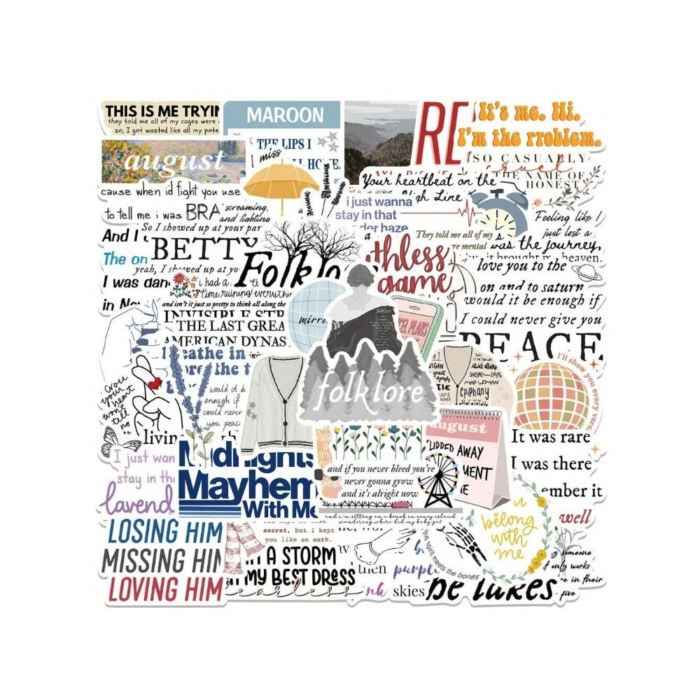 52PCS Taylor Swift Album Lyrics Graffiti Stickers Exquisite and Stylish DIY Decorative Decals Suitable for Helmets, Skateboards, Guitars, Refrigerators, Stationery Boxes, and Desktops