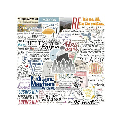 52PCS Taylor Swift Album Lyrics Graffiti Stickers Exquisite and Stylish DIY Decorative Decals Suitable for Helmets, Skateboards, Guitars, Refrigerators, Stationery Boxes, and Desktops