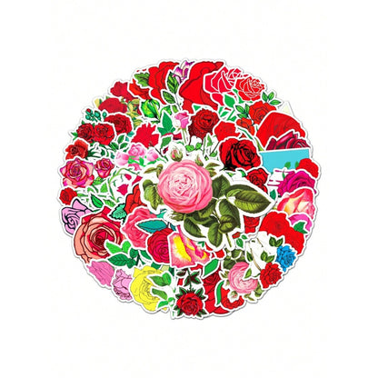 50PCS Red Rose Cartoon Doodle Stickers Exquisite, Fashionable, Creative DIY Decorative Decals Perfect for Cups, Helmets, Skateboards, Refrigerators, and Stationery Boxes