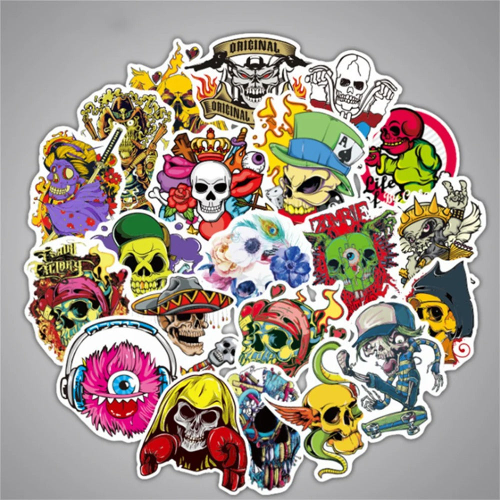 50PCS Cartoon Spooky Halloween Skull Graffiti Stickers for Notebooks, Suitcases, Helmets, Skateboards, Water Bottles, Stationery Cases, and Desktop Decor