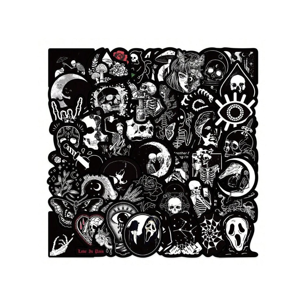 50PCS Cartoon Gothic Devil Black & White Punk Graffiti Stickers Exquisite Fashion Creative DIY Journal Decorative Decals Suitable for Skateboards, Guitars, Helmets, Bags, Stationery Cases