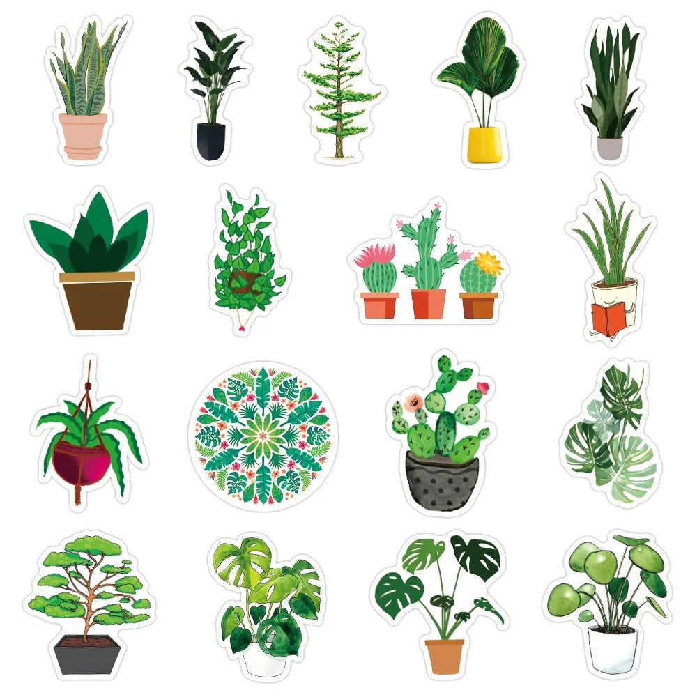50PCS Classic Fresh Cartoon Green Plant Decorative Style Graffiti Stickers Exquisite Fashion Creative DIY Decorative Sticker Decals for Notebooks Suitable for Mugs, Helmets, Skateboards, Pencil Cases, and Desktops