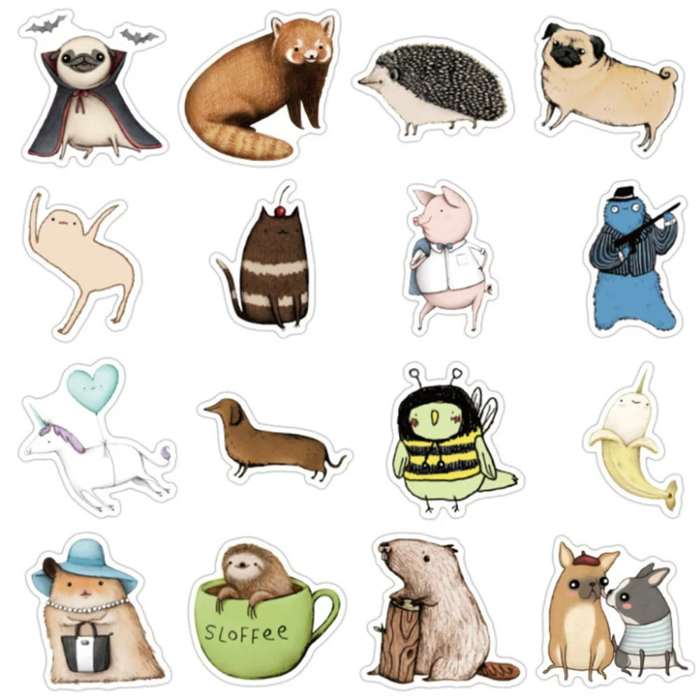 50-Piece Cartoon Animal Collection Doodle Stickers Perfect for Suitcases, Laptops, Skateboards, Water Bottles, Helmets, Stationery Boxes, and Desktop Decor