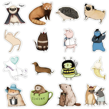 50-Piece Cartoon Animal Collection Doodle Stickers Perfect for Suitcases, Laptops, Skateboards, Water Bottles, Helmets, Stationery Boxes, and Desktop Decor