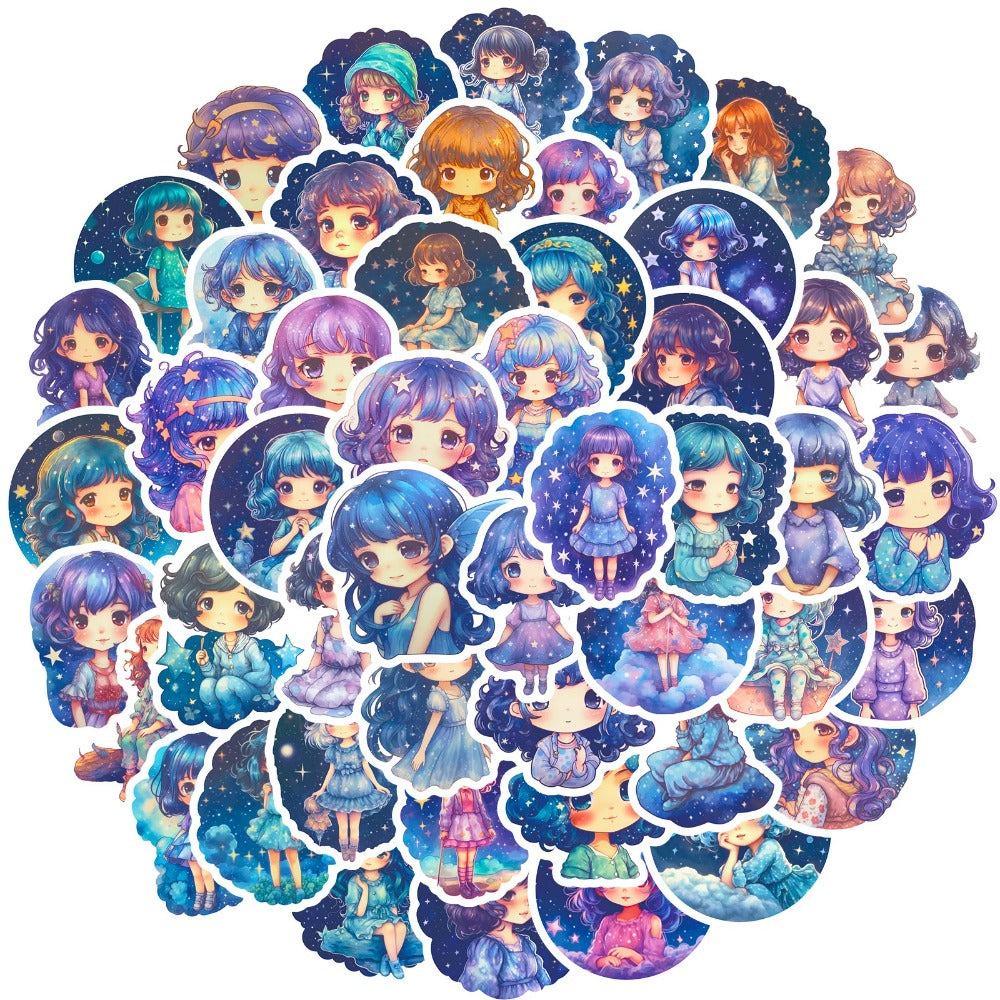 50PCS Cartoon Cute Starry Sky Girl Doodle Stickers Exquisite Fashion Creative DIY Journal Decorative Decals Suitable for Skateboards, Guitars, Laptops, Helmets, and Stationery Boxes