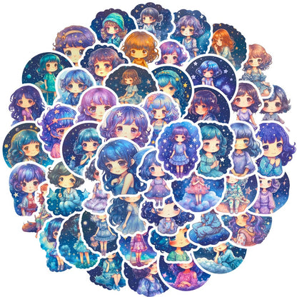 50PCS Cartoon Cute Starry Sky Girl Doodle Stickers Exquisite Fashion Creative DIY Journal Decorative Decals Suitable for Skateboards, Guitars, Laptops, Helmets, and Stationery Boxes