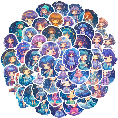 50PCS Cartoon Cute Starry Sky Girl Doodle Stickers Exquisite Fashion Creative DIY Journal Decorative Decals Suitable for Skateboards, Guitars, Laptops, Helmets, and Stationery Boxes