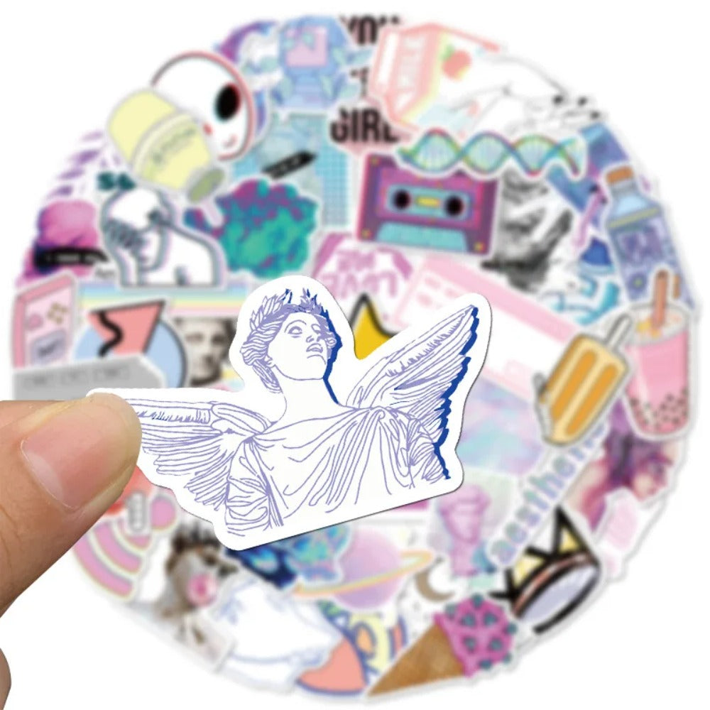 50PCS Pastel Psychedelic Vaporwave Stickers - Kawaii Synthwave Doodle Decals for Nostalgia Distortion Journals, Digital Dream Diaries & Retro-Futurist Collage Art