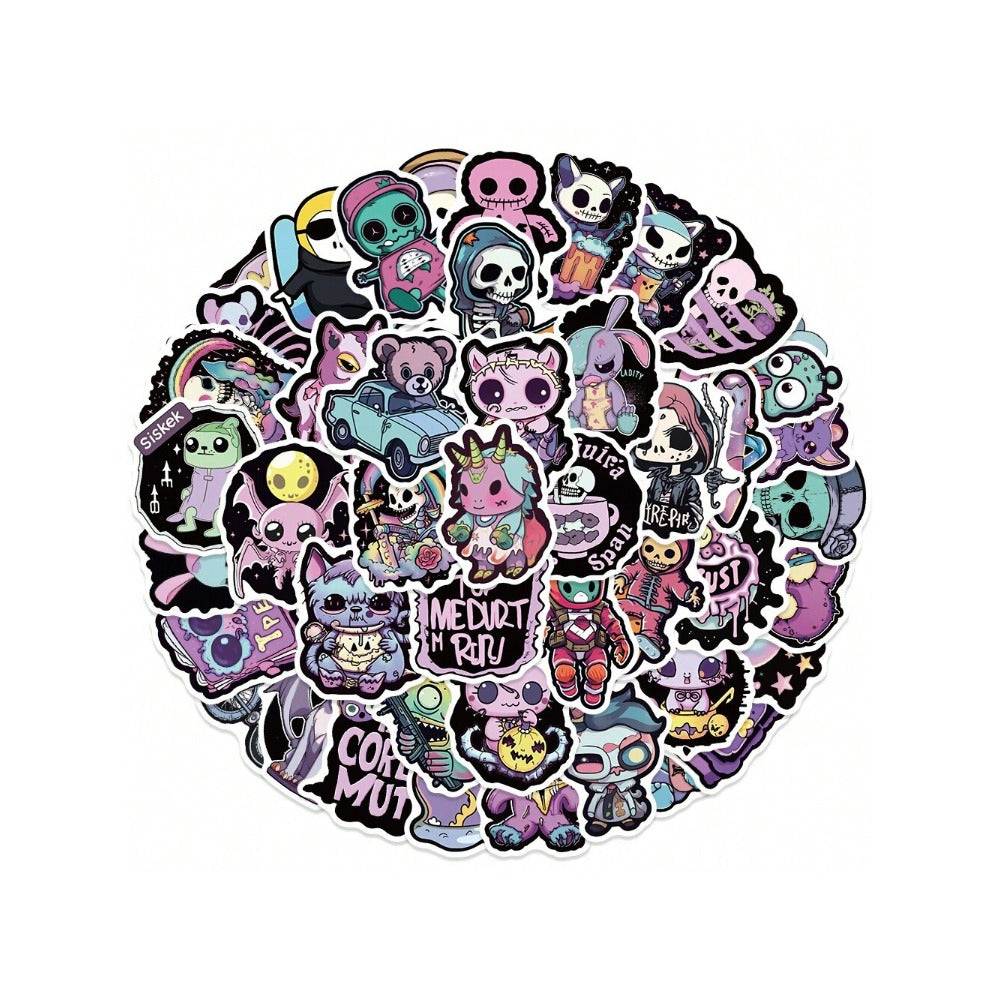 50PCS Purple Gothic Cartoon Halloween Doodle Stickers Exquisite Creative DIY Journal Decorative Decals Suitable for Mugs, Helmets, Guitars, Bags, and Stationery Boxes