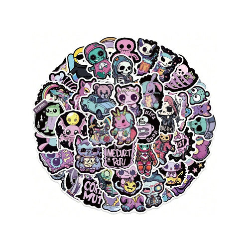 50PCS Purple Gothic Cartoon Halloween Doodle Stickers Exquisite Creative DIY Journal Decorative Decals Suitable for Mugs, Helmets, Guitars, Bags, and Stationery Boxes