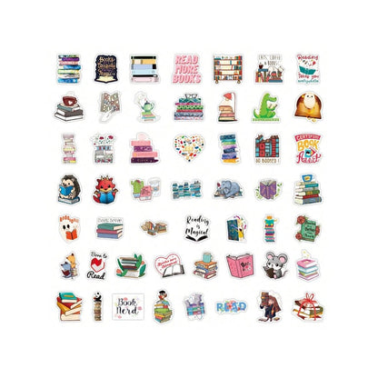 50PCS Cartoon Reading Book Doodle Stickers Exquisite and Stylish DIY Decorative Decals Suitable for Helmets, Water Bottles, Skateboards, Guitars, Stationery Boxes, and Desktops