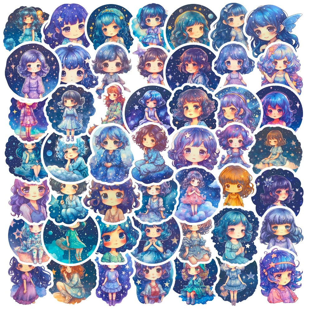 50PCS Cartoon Cute Starry Sky Girl Doodle Stickers Exquisite Fashion Creative DIY Journal Decorative Decals Suitable for Skateboards, Guitars, Laptops, Helmets, and Stationery Boxes