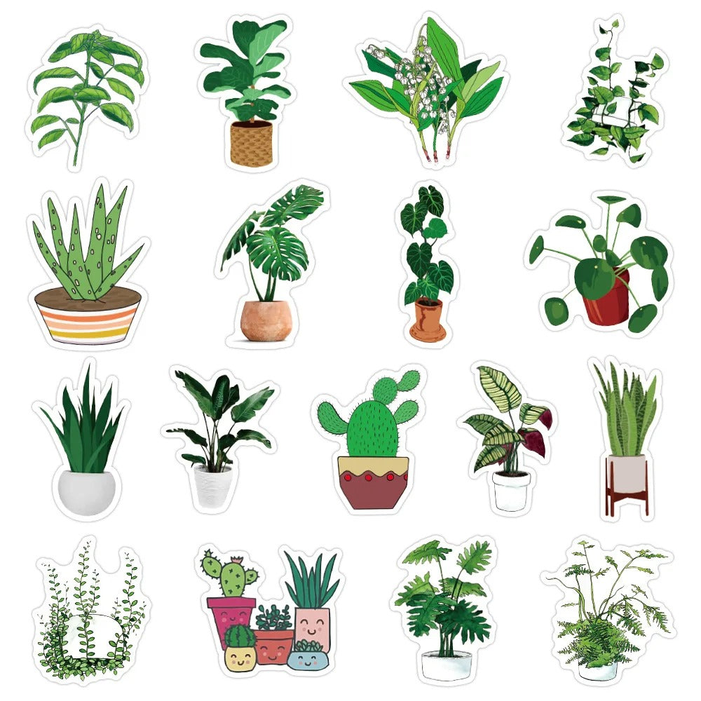 50PCS Classic Fresh Cartoon Green Plant Decorative Style Graffiti Stickers Exquisite Fashion Creative DIY Decorative Sticker Decals for Notebooks Suitable for Mugs, Helmets, Skateboards, Pencil Cases, and Desktops