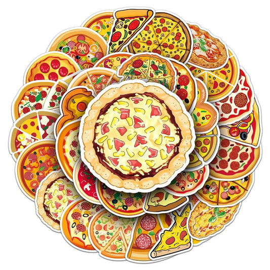 50PCS Pizza Food Doodle Stickers, Cute Cartoon Slice Vinyl Decals for Foodies, Laptops, Lunch Boxes