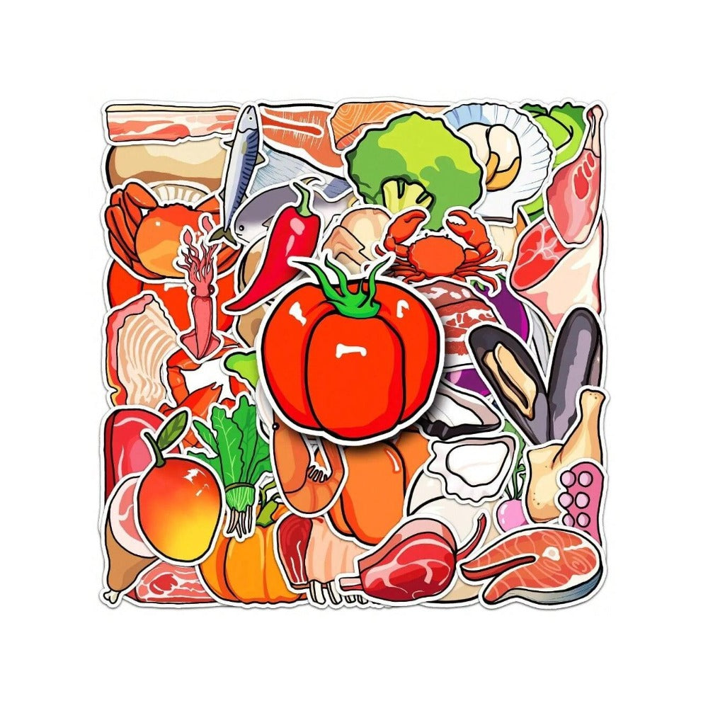 50PCS Cartoon Food Doodle Stickers - Exquisite Creative DIY Decorative Decals for Skateboards, Guitars, Laptops, Stationery Boxes, and Desktops