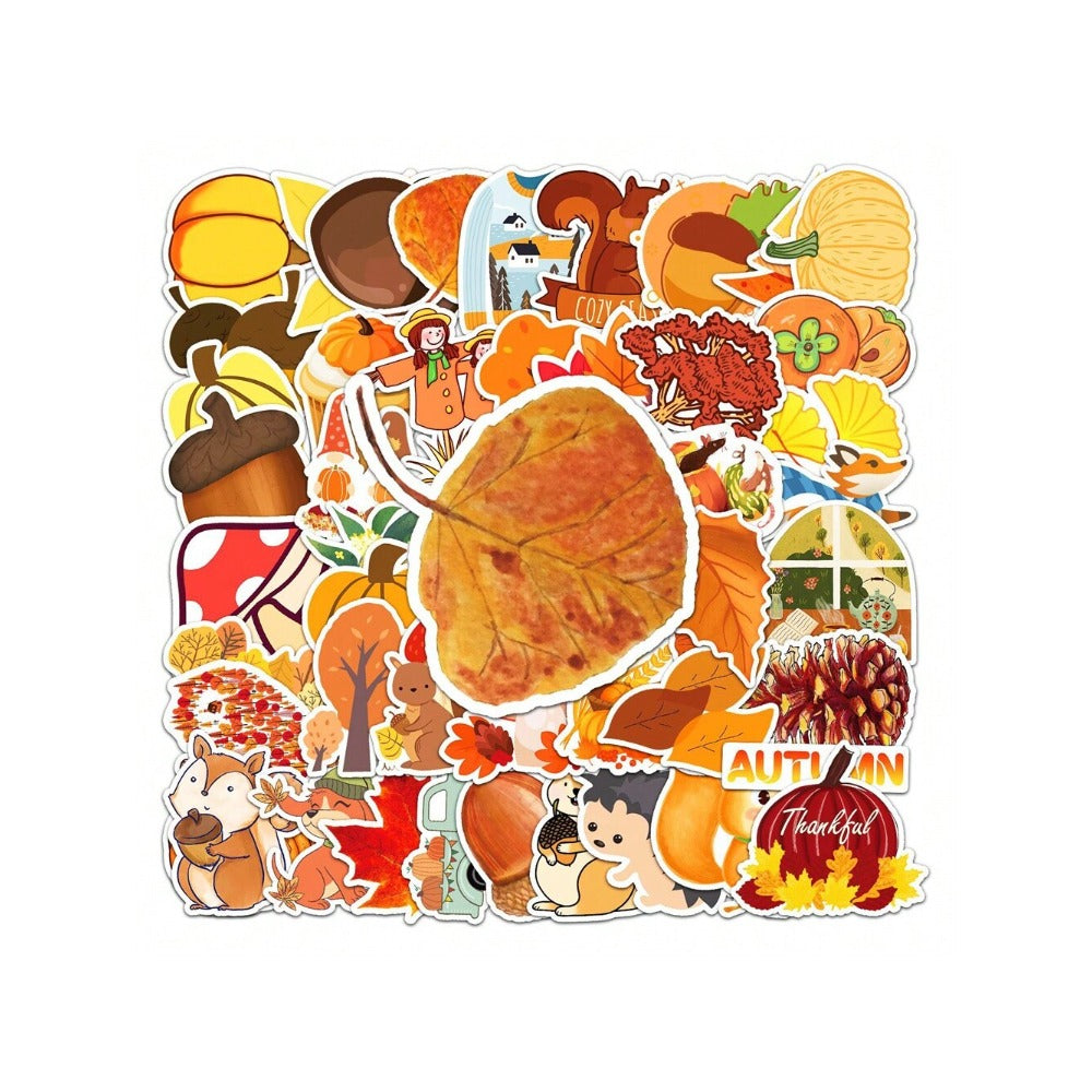 50PCS Autumn Scenery Cartoon Doodle Stickers Exquisite Creative DIY Journal Decorative Decals Suitable for Suitcases, Laptops, Diaries, Guitars, Skateboards, and Stationery Cases