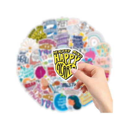 50PCS Cartoon Mental Health Text Doodle Stickers Exquisite Creative Fashion DIY Journal Decorative Decals Suitable for Helmets, Water Bottles, Guitars, Skateboards, and Stationery Cases