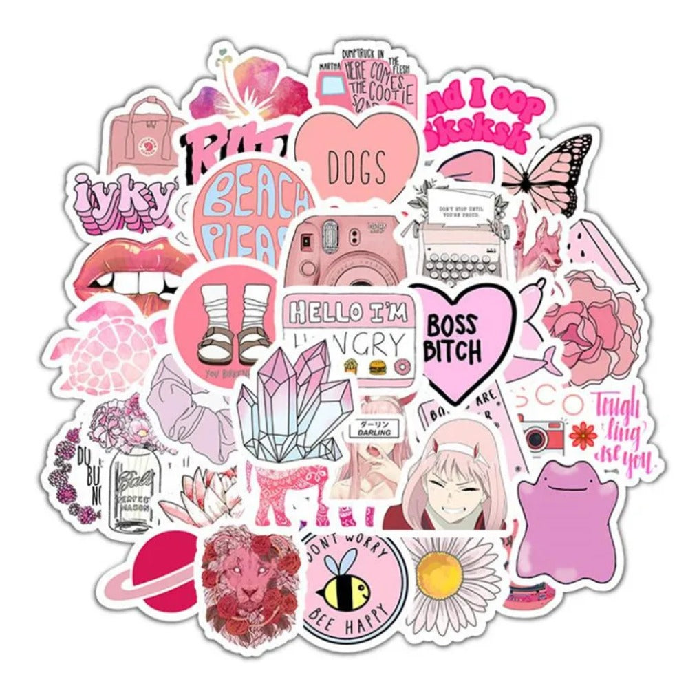 50PCS Cute Cartoon Pink Patterns Doodle Stickers Perfect for Skateboards, Luggage, Refrigerators, Water Bottles, Stationery Boxes, and Desktop DIY Decorations
