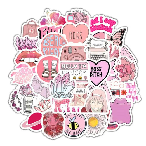 50PCS Cute Cartoon Pink Patterns Doodle Stickers Perfect for Skateboards, Luggage, Refrigerators, Water Bottles, Stationery Boxes, and Desktop DIY Decorations