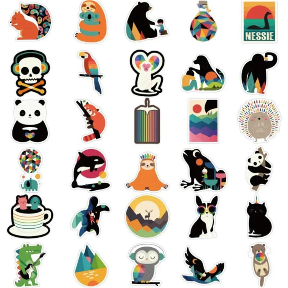 50PCS Cute Cartoon Animal Doodle Stickers for DIY Notebooks, Skateboards, Guitars, Waterproof Luggage, and Helmet Decals