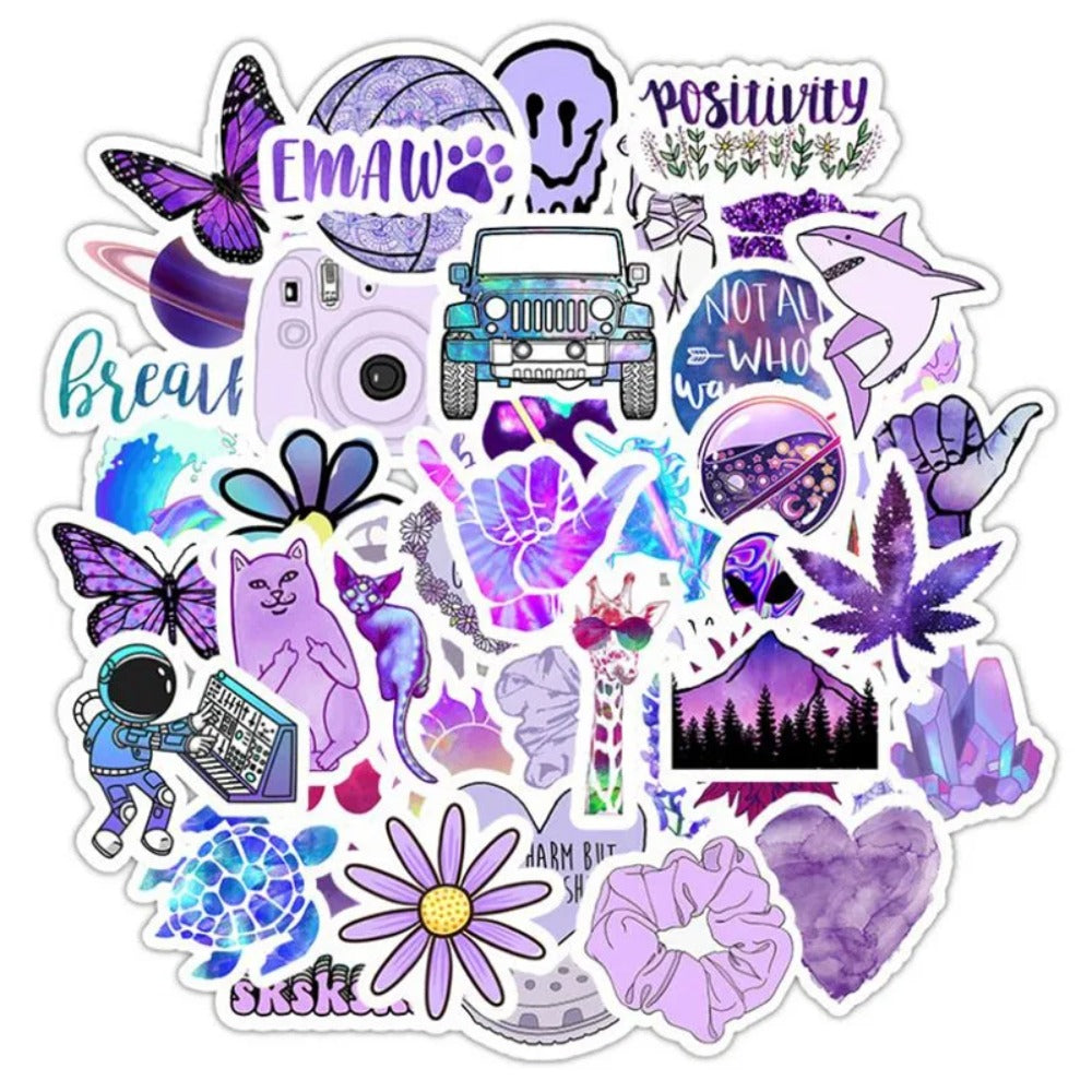 50PCS Cartoon Purple Fresh & Chic Doodle Stickers Exquisite, Fashionable, Creative DIY Journal Decorations Suitable for Water Bottles, Helmets, Skateboards, Guitars, and Stationery Boxes