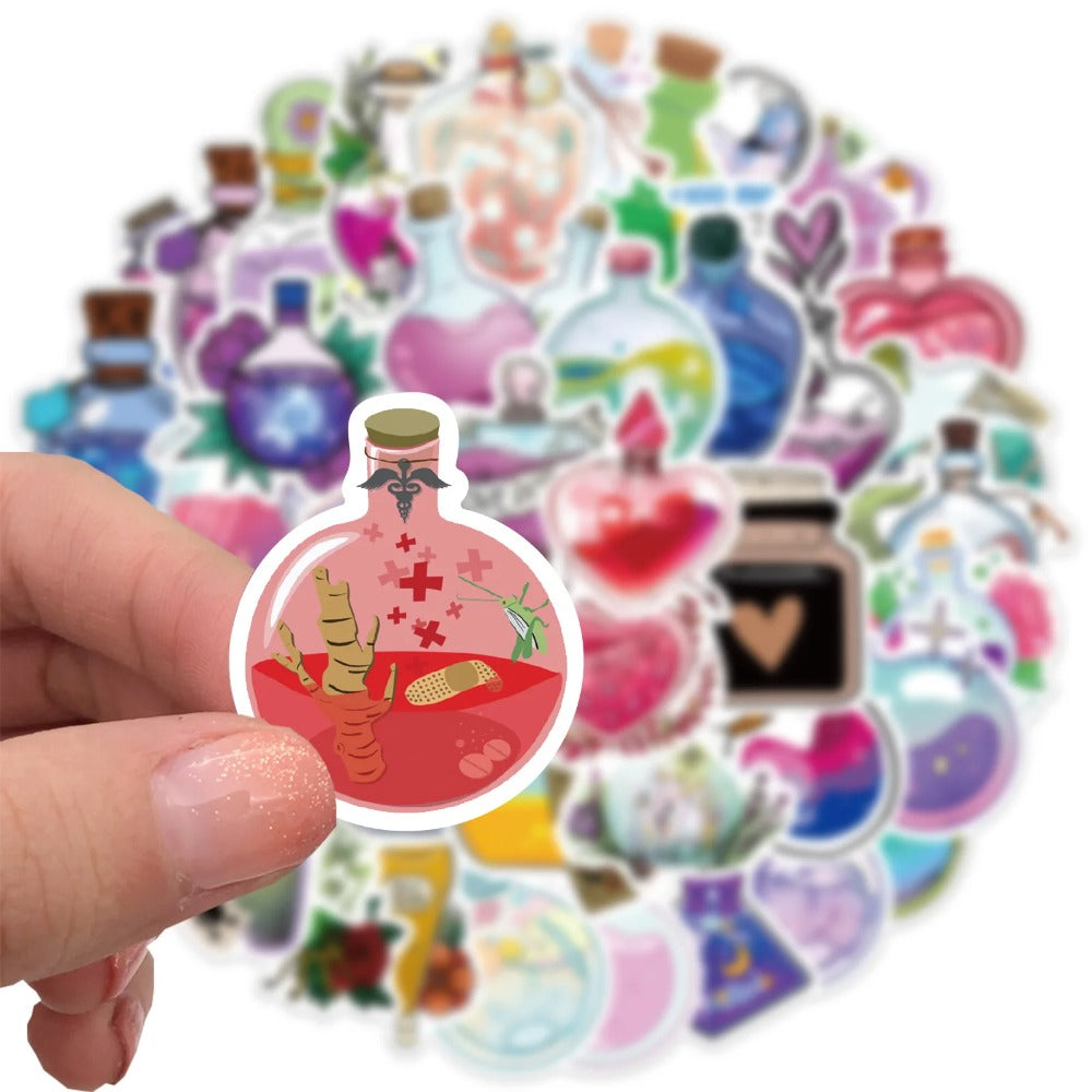 50PCS Cartoon Magic Potion Bottle Doodle Stickers Exquisite and Stylish DIY Journal Decorative Decals Suitable for Phone Cases, Laptops, Luggage, Helmets, Guitars, and Stationery Boxes