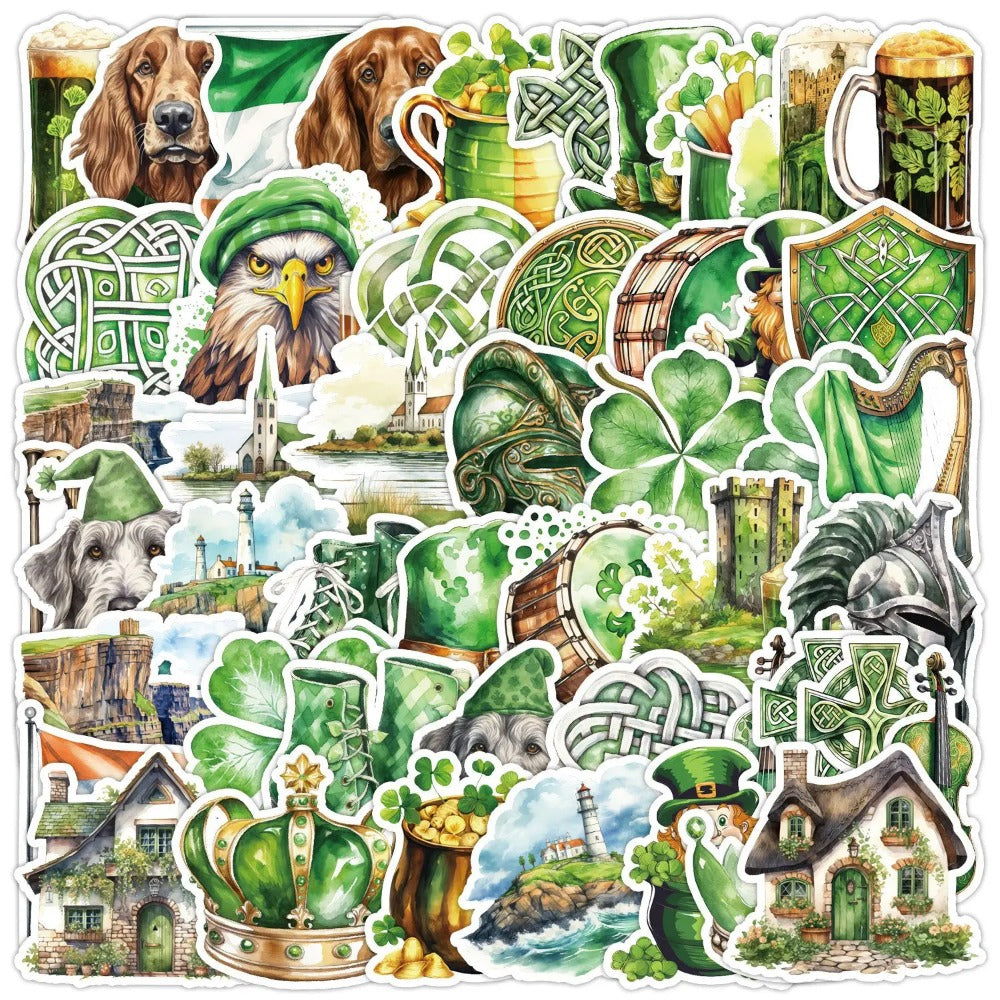 50PCS St. Patrick‘s Day Stickers, Cute Cartoon Shamrock, Leprechaun & Pot of Gold Doodles for Luck and Celebration