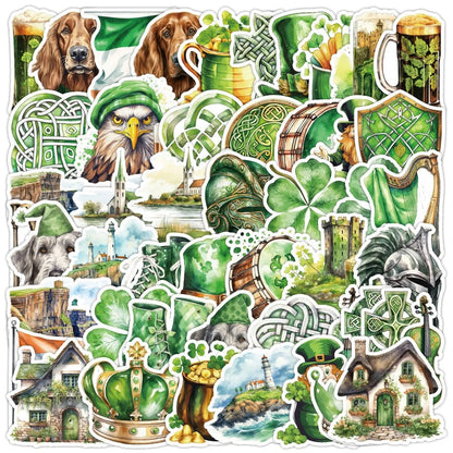 50PCS St. Patrick‘s Day Stickers, Cute Cartoon Shamrock, Leprechaun & Pot of Gold Doodles for Luck and Celebration