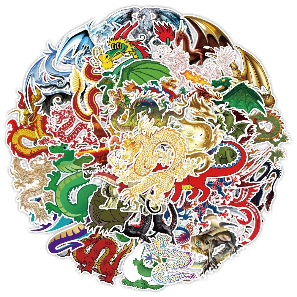 50PCS Cartoon Cool Dragon Doodle Stickers Exquisite, Fashionable, Creative DIY Journal Decorations Suitable for Phone Cases, Laptops, Skateboards, Luggage, and Stationery Boxes
