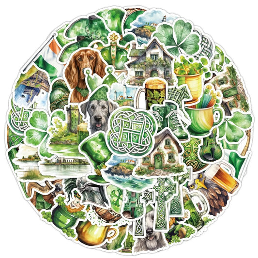 50PCS St. Patrick‘s Day Stickers, Cute Cartoon Shamrock, Leprechaun & Pot of Gold Doodles for Luck and Celebration
