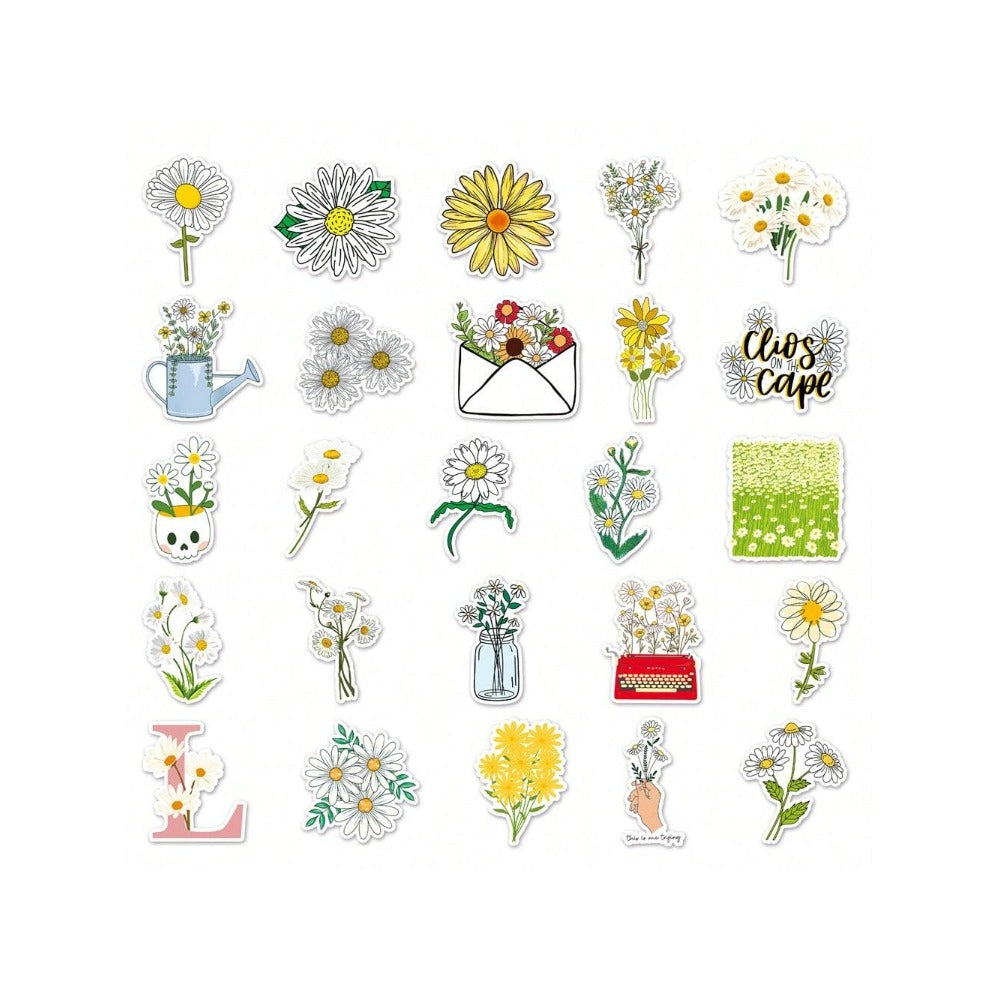 50PCS Cartoon Daisy Mini Flower Doodle Stickers Exquisite, Fashionable, Creative DIY Journal Decorations Suitable for Refrigerators, Guitars, Helmets, Water Bottles, Skateboards, and Stationery Boxes