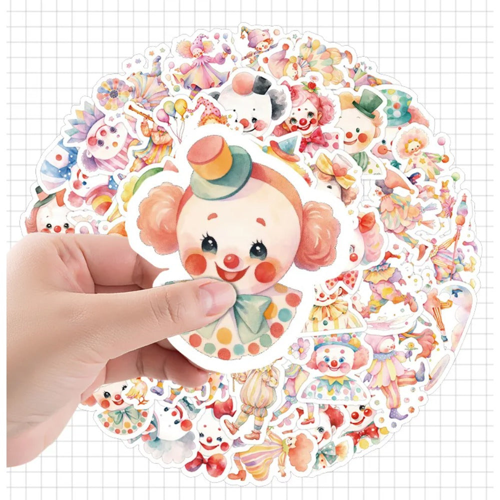 50PCS Happy Circus Clown Stickers, Jolly & Colorful Cartoon Doodles for Birthday Parties and Festive Fun