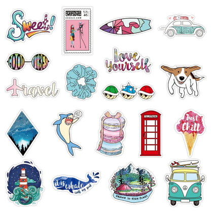 50PCS Summer Fresh Diverse Graffiti Stickers - Exquisite Fashionable Creative DIY Journal Decor Decals for Water Bottles, Helmets, Skateboards, and Stationery Cases