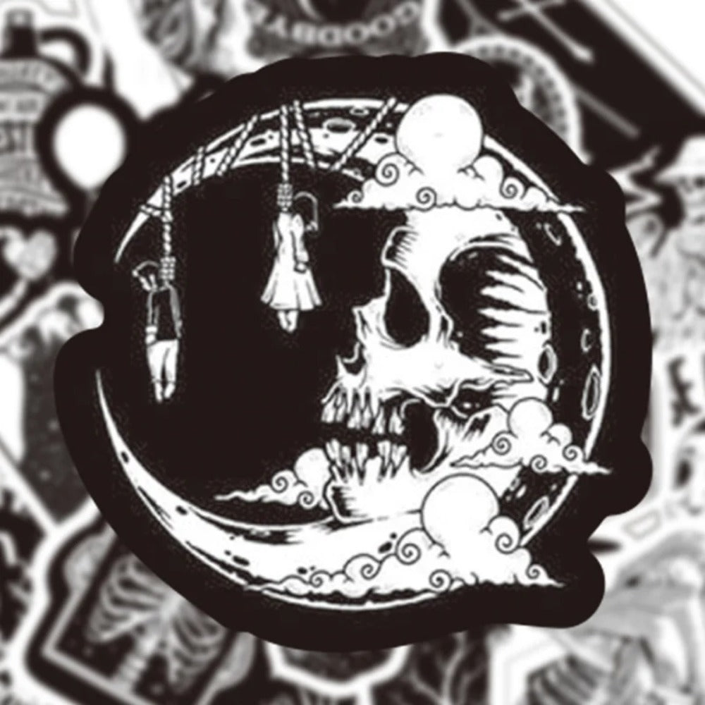 50PCS Cartoon Black & White Gothic Skull Graffiti Stickers Perfect for Suitcases, Skateboards, Water Bottles, Refrigerators, Stationery Boxes Exquisite DIY Desktop Decor Decals