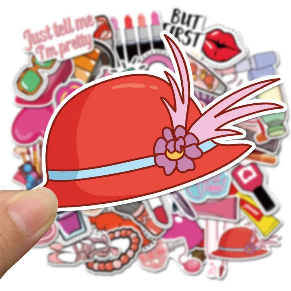 50PCS Cute Pink Cartoon Girl Cosmetics Series Doodle Stickers Perfect for Bags, Notebooks, Skateboards, Water Bottles, Helmets, Stationery Boxes Exquisite DIY Desktop Decorative Decals