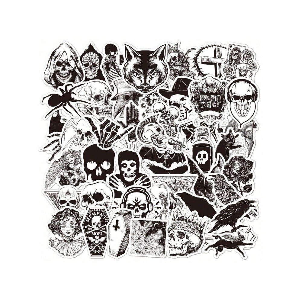 50PCS Gothic Black & White Graffiti Stickers - Exquisite, Fashionable, Creative DIY Journal Decor Decals for Cups, Helmets, Skateboards, and Stationery Cases