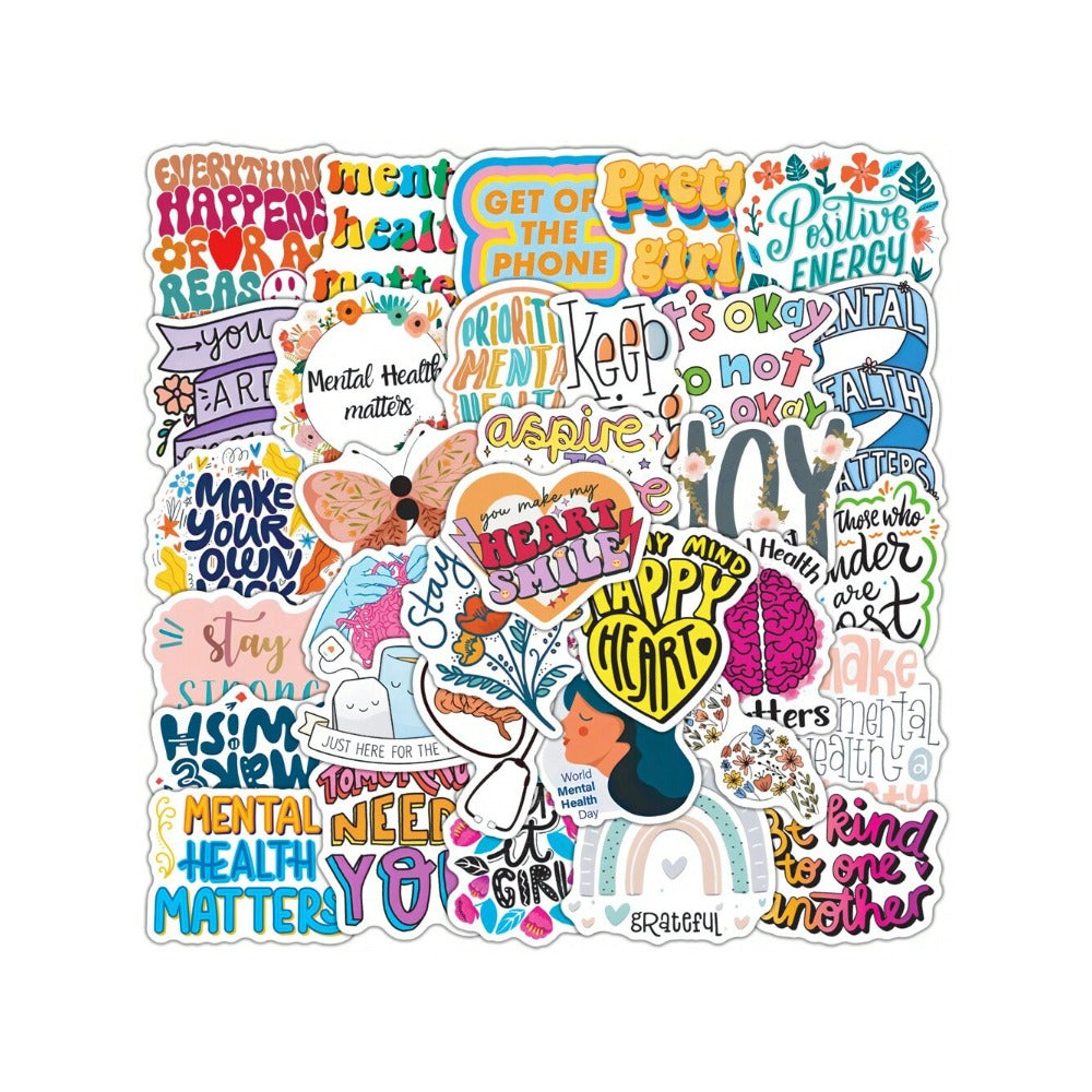 50PCS Cartoon Mental Health Text Doodle Stickers Exquisite Creative Fashion DIY Journal Decorative Decals Suitable for Helmets, Water Bottles, Guitars, Skateboards, and Stationery Cases