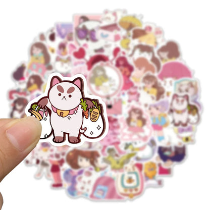 50PCS Cartoon Bee Girl and Dog Cat Doodle Stickers Exquisite and Stylish DIY Journal Decorative Decals Suitable for Phone Cases, Laptops, Luggage, Helmets, Guitars, and Stationery Boxes