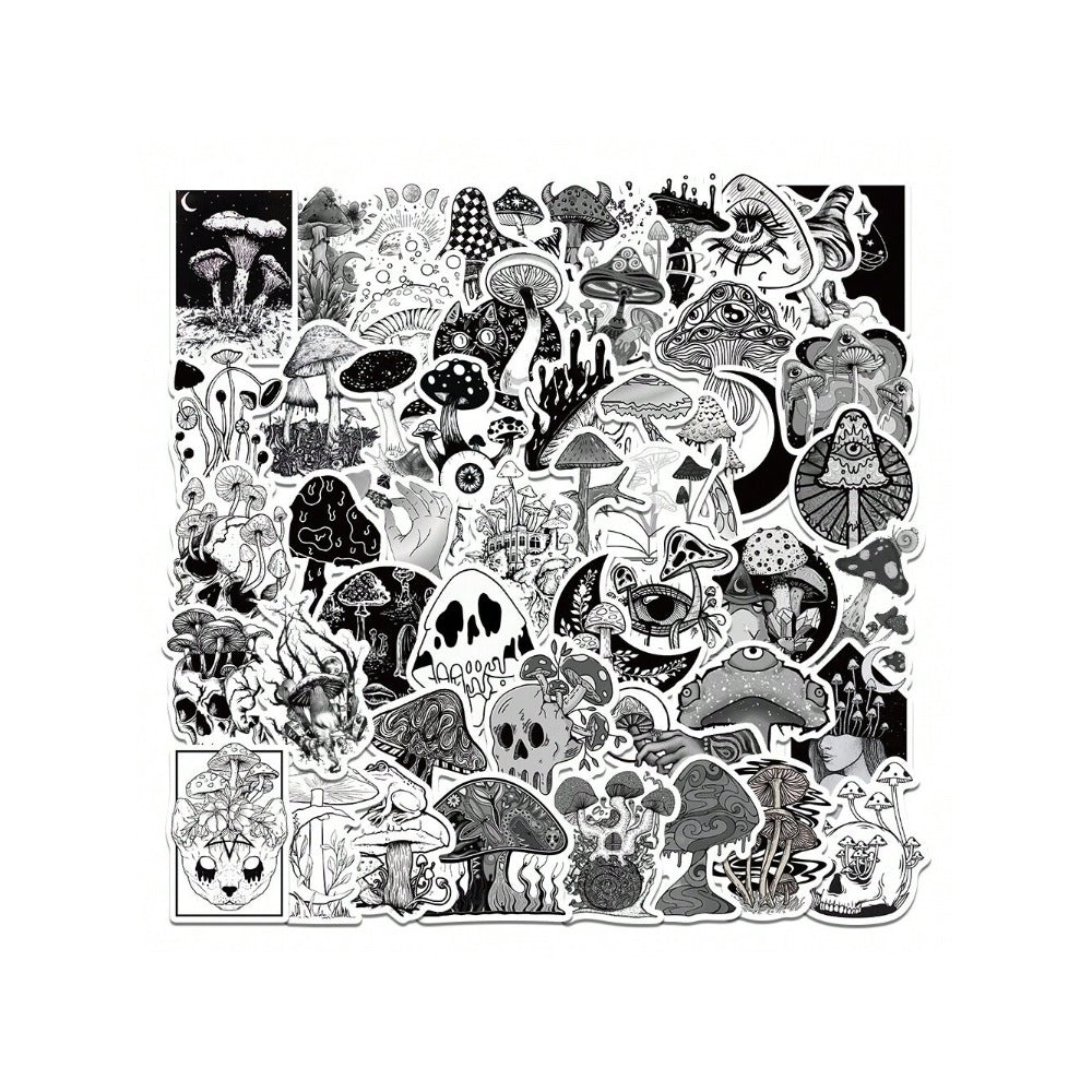 50PCS Gothic Horror Mushroom Series Graffiti Stickers Exquisite Fashion Punk Black & White Skull DIY Journal Decor Decals Suitable for Refrigerators, Helmets, Skateboards, Water Bottles, Stationery Boxes