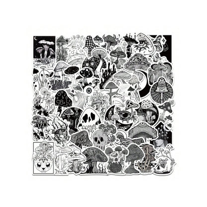 50PCS Gothic Horror Mushroom Series Graffiti Stickers Exquisite Fashion Punk Black & White Skull DIY Journal Decor Decals Suitable for Refrigerators, Helmets, Skateboards, Water Bottles, Stationery Boxes