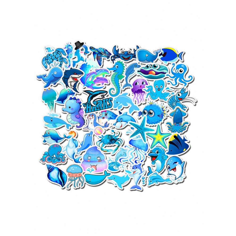 50PCS Cartoon Blue Marine Creature Doodle Stickers Exquisite, Stylish, Creative DIY Journal Decorations Suitable for Cups, Helmets, Skateboards, Pencil Cases, and Desktops