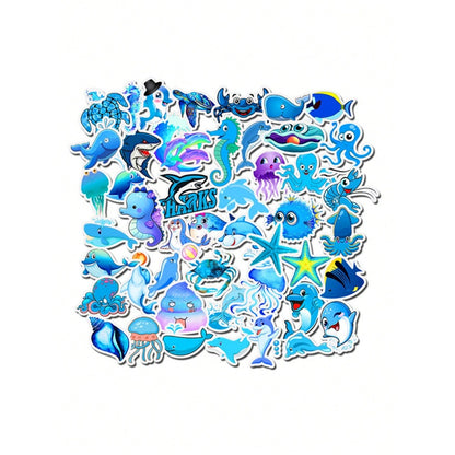50PCS Cartoon Blue Marine Creature Doodle Stickers Exquisite, Stylish, Creative DIY Journal Decorations Suitable for Cups, Helmets, Skateboards, Pencil Cases, and Desktops
