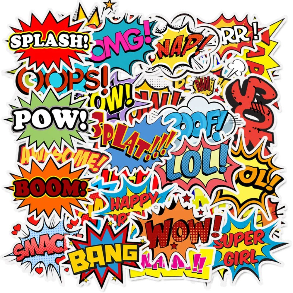 50PCS Cartoon English Alphabet Explosion Cloud Doodle Stickers Perfect for Suitcases, Laptops, Skateboards, Water Bottles, Guitars, Stationery Boxes Exquisite DIY Desktop Decor Decals