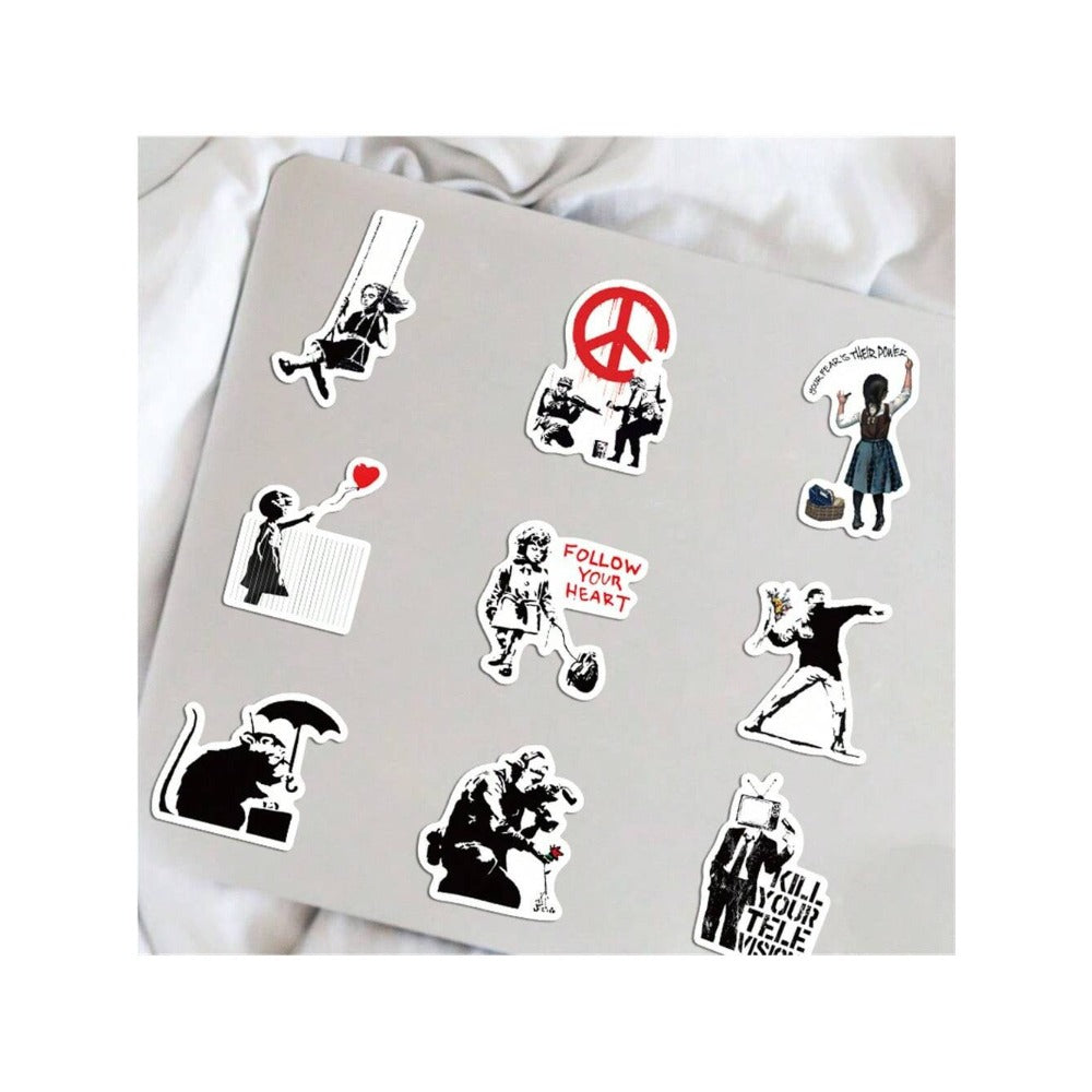 67PCS Street Artist Banksy Graffiti Stickers Exquisite, Fashionable, Creative DIY Journal Decorations Suitable for Notebooks, Guitars, Skateboards, and Stationery Cases