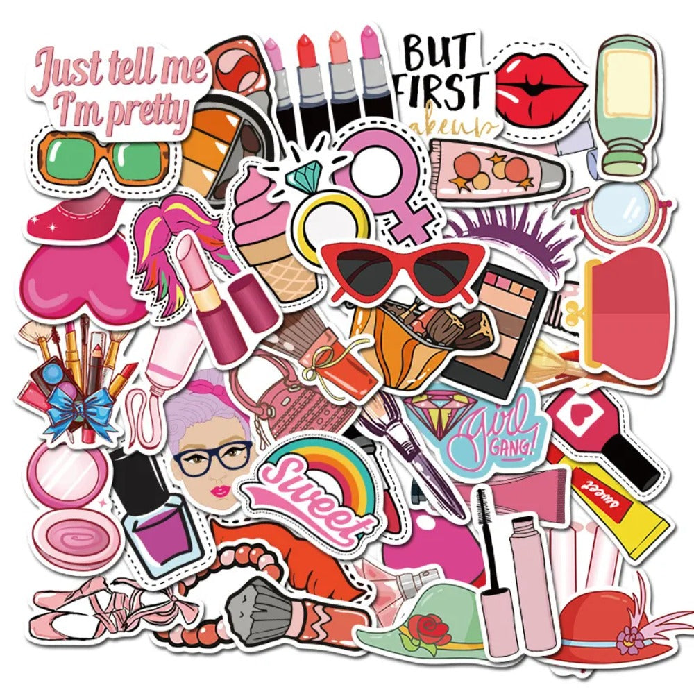 50PCS Cute Pink Cartoon Girl Cosmetics Series Doodle Stickers Perfect for Bags, Notebooks, Skateboards, Water Bottles, Helmets, Stationery Boxes Exquisite DIY Desktop Decorative Decals